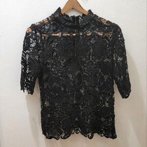 Kate Sylvester Women's Black Floral Lace High-Neck Blouse
